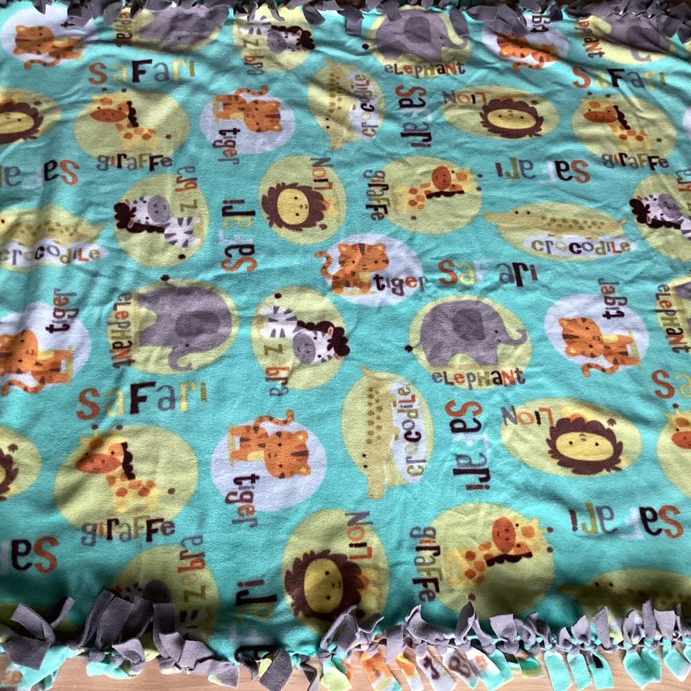 Handmade baby fleece tie blanket -  Size 42” x 53” Aqua gray yellow